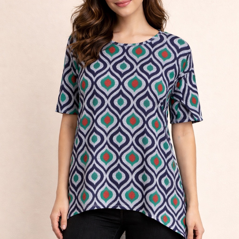 NWT LuLaRoe Short Sleeve Top - Blue and Green Pattern HiLow